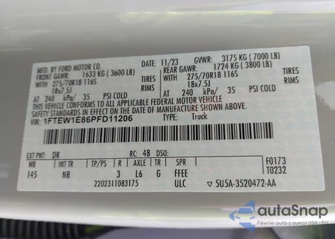 2023 Ford F-150 Tremor z USA, uszkodzony, nr VIN 1FTEW1E86PFD11206